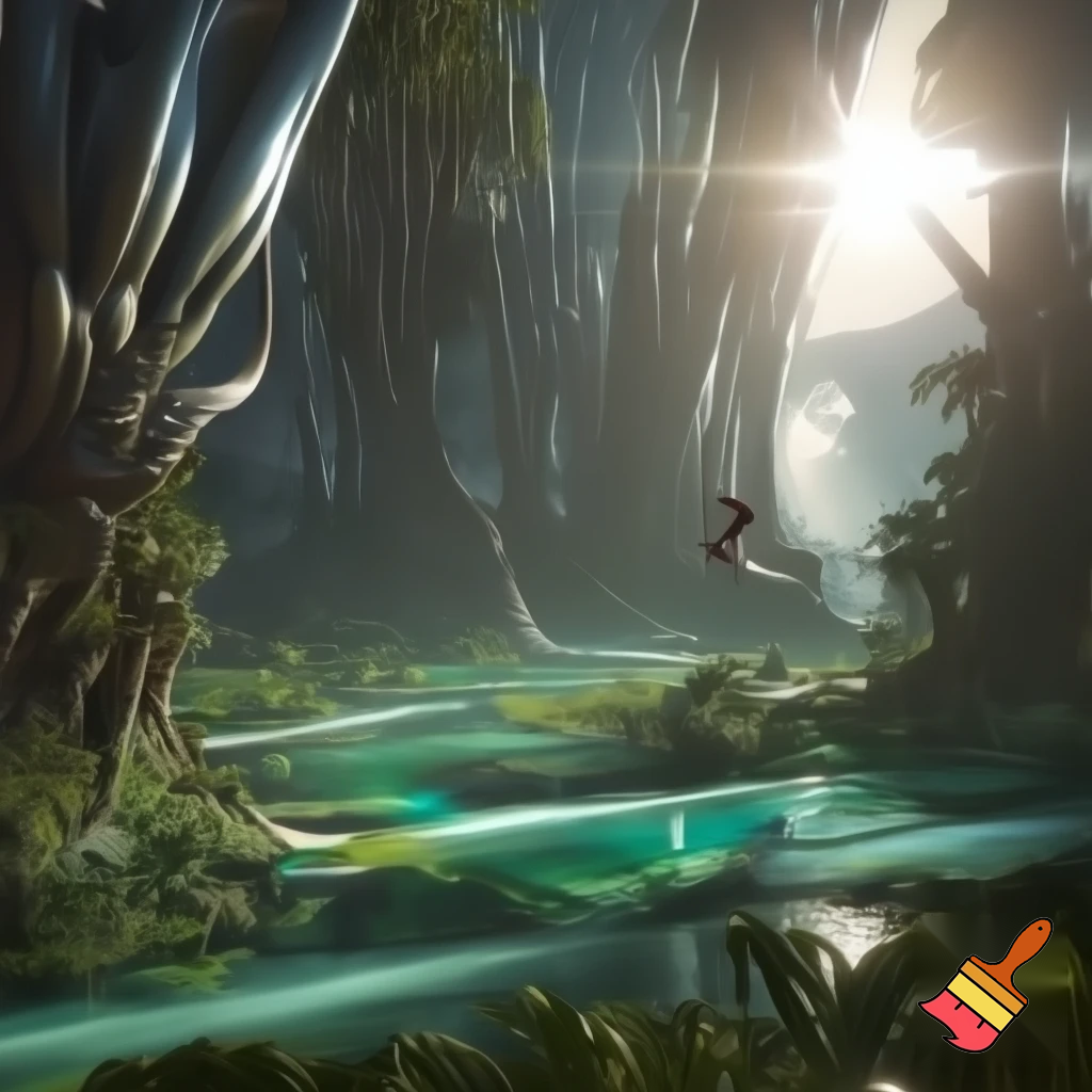 First glimpse of alien paradise — huge engineered trees humming, shimmering transparent rivers, empty paradise with no fauna, human-like figure rising above ground mid-leap (unexpected anti-gravity), dynamic motion blur, sunlight flares, cinematic wide shot, vivid greens and turquoise, high detail.

Settings / Steps:

Aspect ratio 16:9.

Motion: add directional motion blur on the figure to show sudden levitation.

Lighting: intense backlight with rim highlights on foliage.

Keep environment lush but eerily empty.


Negative prompt: crowded scene, animals, text, low detail, childish style

Variations: quiet close-up on hand touching tree that hums, leaf-scale macro.
