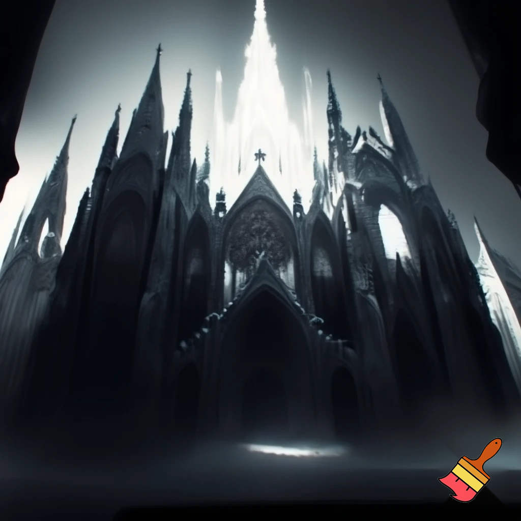 Create a cathedral that is gothic and glowing with white light