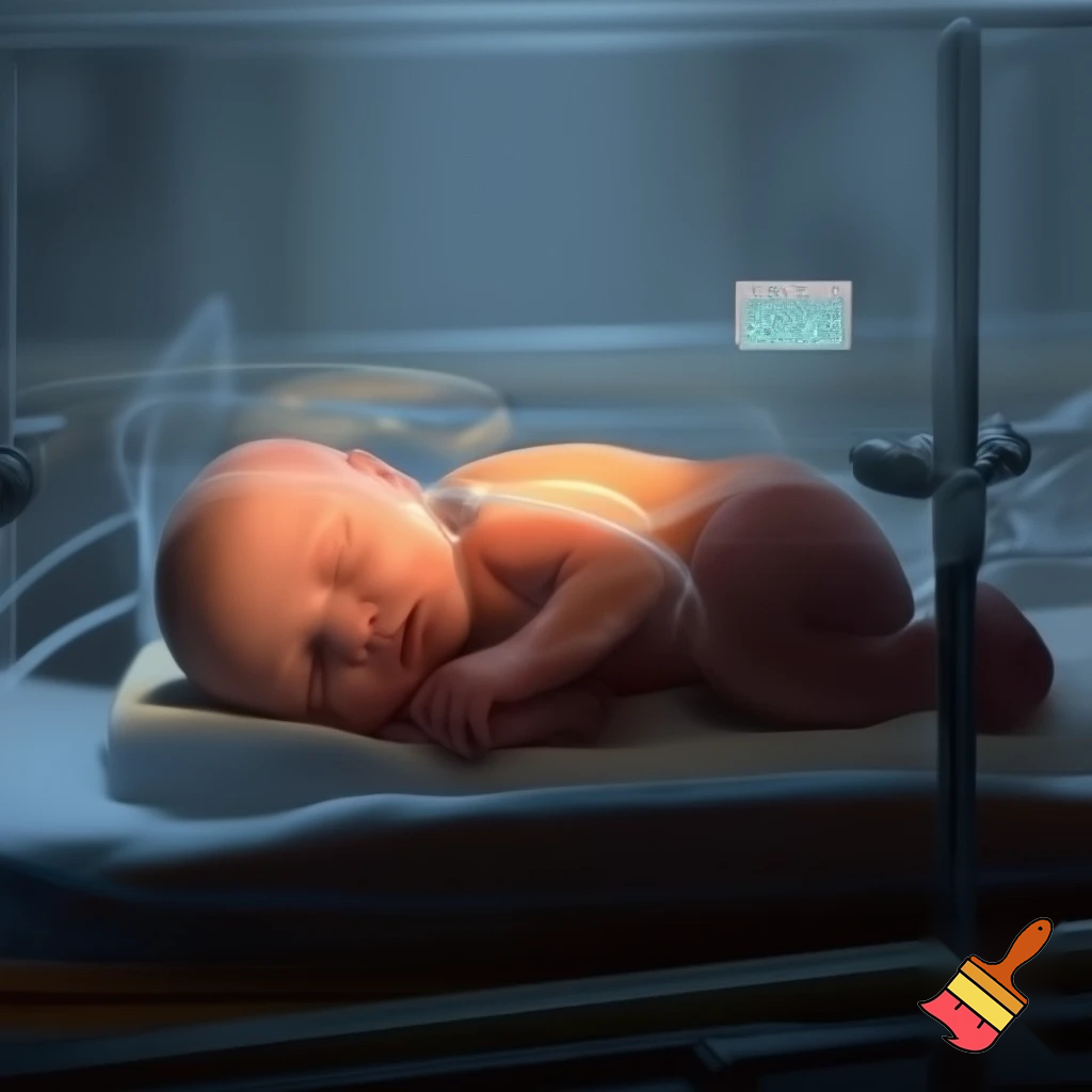 un bebé en una incubadora o cuna con una etiqueta de precio o código de barras 