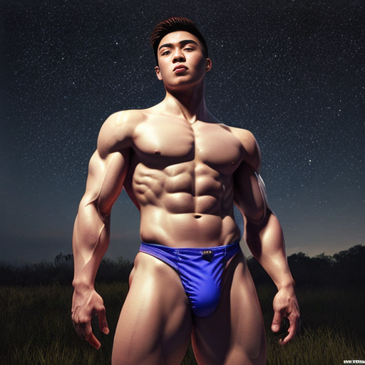 photorealistic handsome athletic & lean muscular shirtless young vietnamese warrior with oversized crotch in tight low-cut translucent speedos, arms stretched upwards and boyish facial features and a yearning look in his eyes, staring upwards against the stars at the night sky, in hyper-realistic style