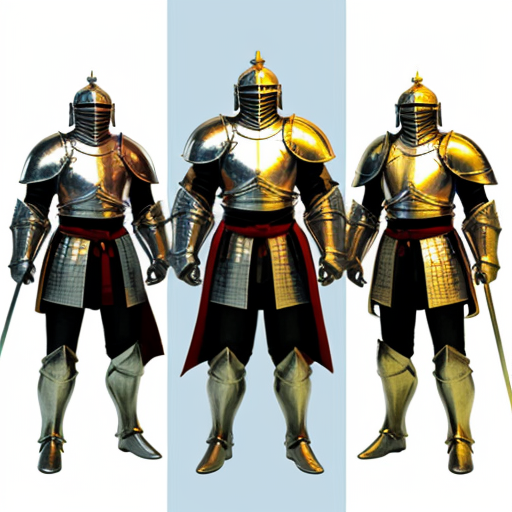 Image of three Knights. On the left is an older man. In the middle is a girl knight with golden armor. On the right is a man with blonde hair. it needs to be for a kids storybook 