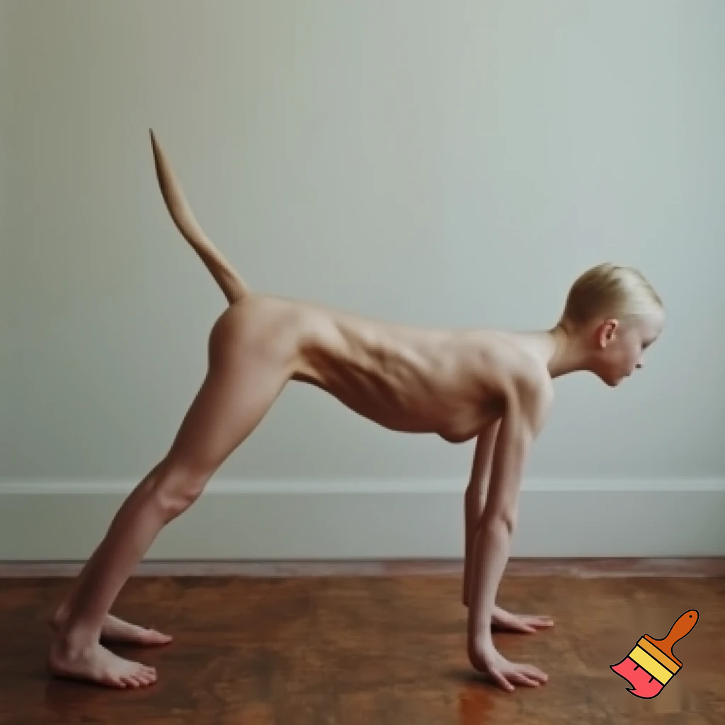 создай худую голую девушку полностью без одежды стоящую в позе собаки паралельно камере с раздвинутыми ягодицами