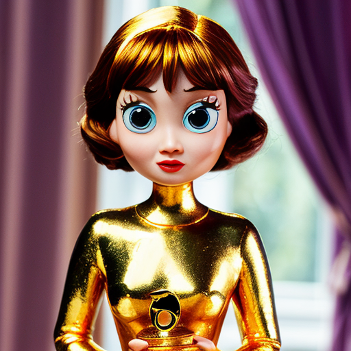 the emotion proud one person gold holding trophy Pixar cartoon style gold skin big eyes 