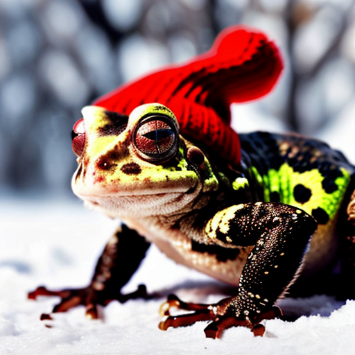 A laughable, puzzled animal toad in woolen, multicoloured winter clothings with woolen winter cap. Hyperrealistic art style.