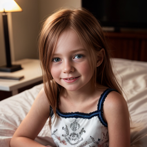 finnish little girl at night dress, very beautiful and eager, long auburn hair, on the bedroom, close up
