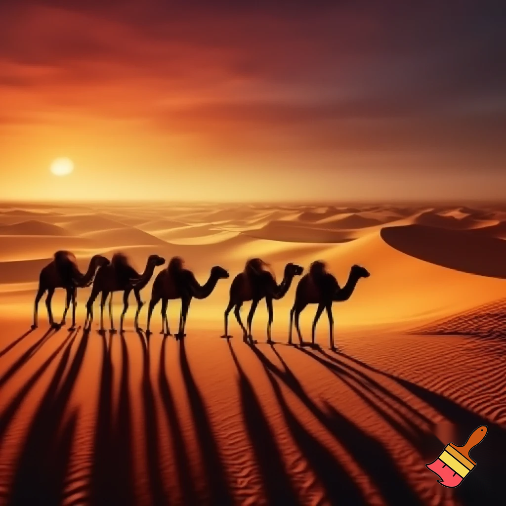 camels crossing the desert