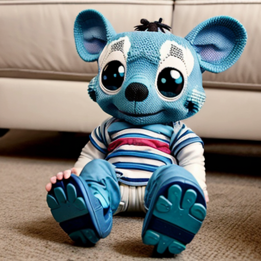 Stitch as a giant sitting down wearing his diaper and sneakers 