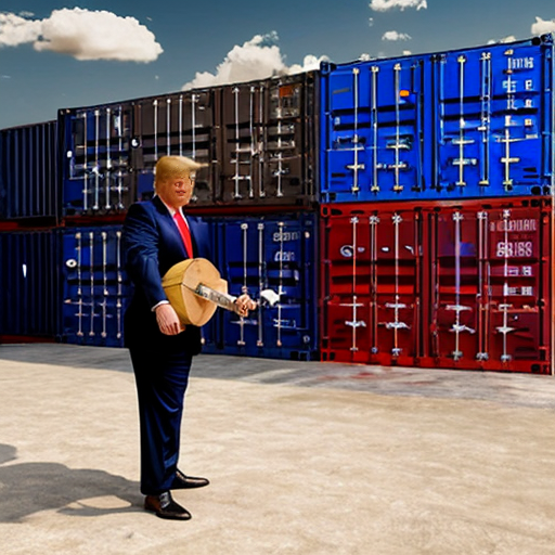 trump juggling freight containers money people countries construction musical instruments