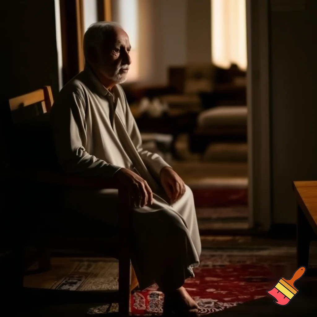 A very realistic image of an elderly man with Arab features, waiting for the medical service representative at his home, comfortable, away from crowds and the cold.