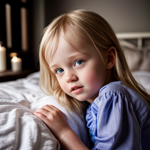 swedish blonde little girl  at night dress, very beautiful, on the bedroom, close up