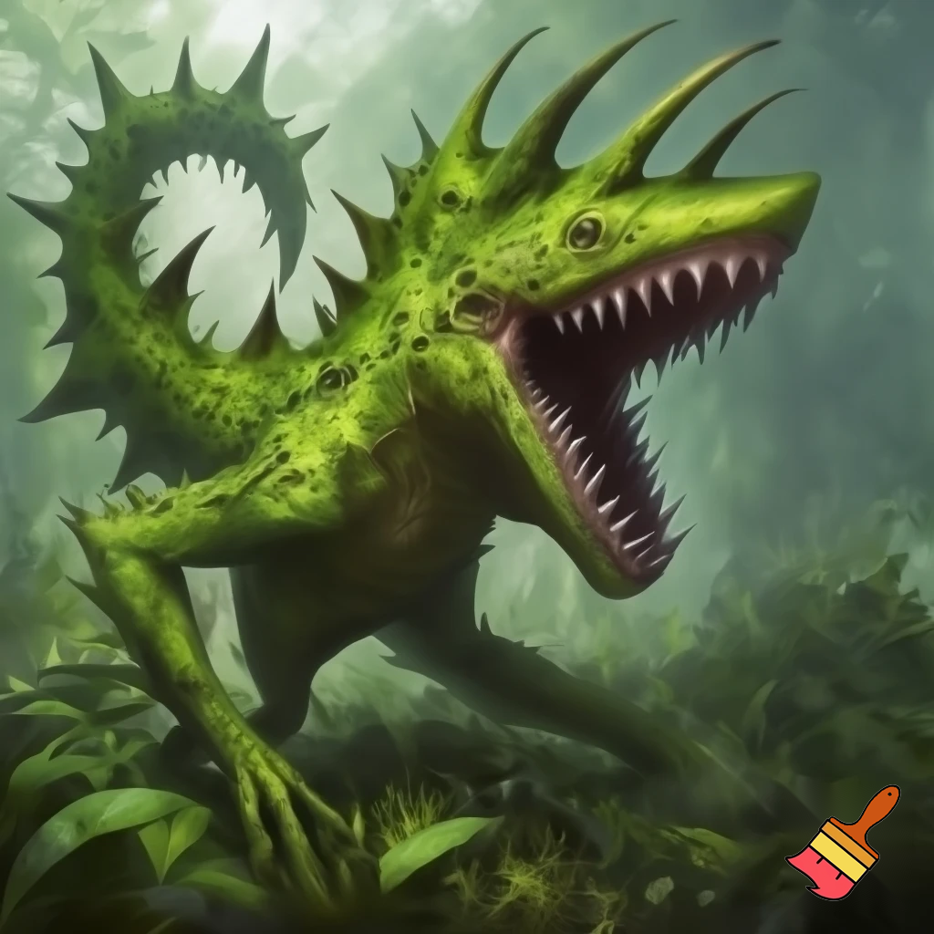 a animal that has green skin and has no eyes
and has a tail with spike on the tail and body and looks like a fly trap and lives in the rainforest has a big mouth and has shark teeth and has legs and arms


 
