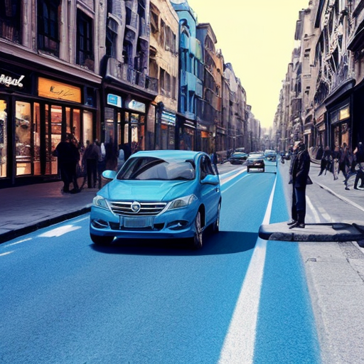 i want a man drawing with blue color high in a centrl road with a car almost to hit him and people doing their shops and making fun of him
