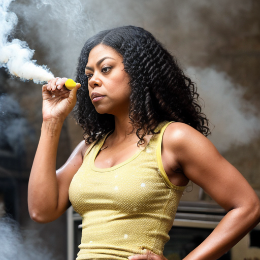 Taraji P. Henson as an FBI one beige fur jacket and yellow beige tank top red and yellow dots and blue jeans with long curly thick hair 20th Century Fox spray sprinkling water TNT stone smoker *punch*
