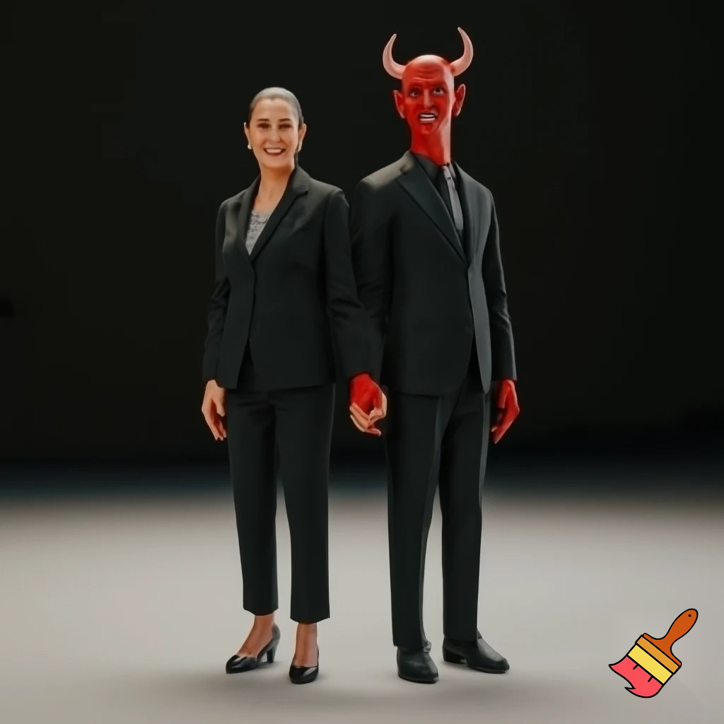 claudia sheinbaum holding hands with the devil and smiling, full body, 