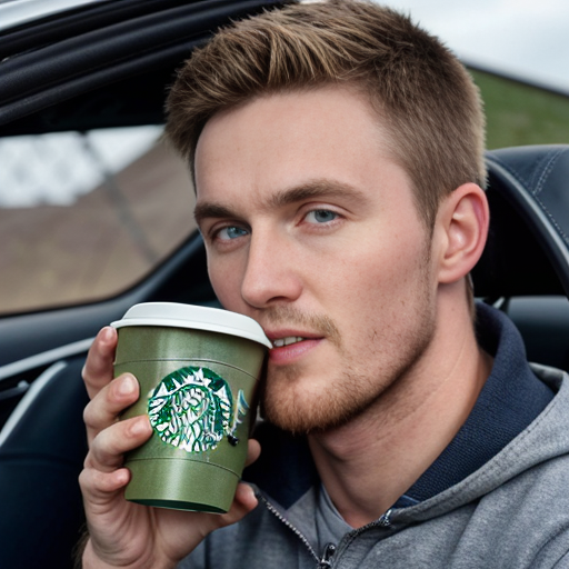 generwate an image of conor macmanus from ireland brown hair 5 ft 6 and from blackrock colage and with a blue quater zip first year driving a ferrrari car no helmet still wearing the blue quater zip wereing a quaterzip drinking matcha from a starbuck cup 13 year old but put it all on a big cargo ship



