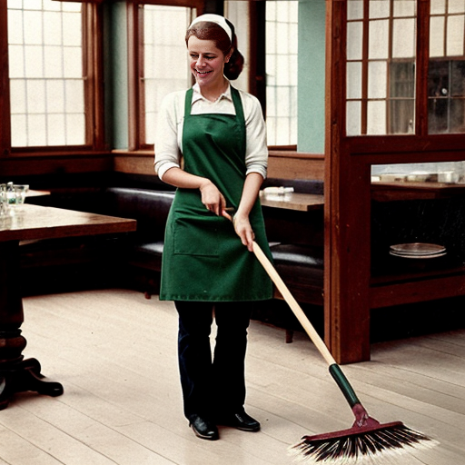 Una cameriera vestita di verde che spazza a terra, con un grembiule ed un foulard intorno ai capelli. Stile 1900