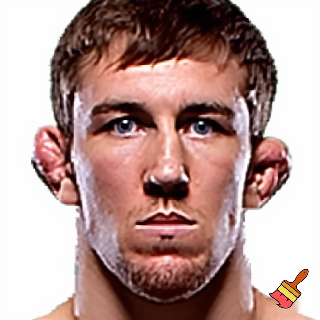 A mixed martial artist who has gone down two weight classes for a fight. His cheeks are sunken and his ribs are visible and his muscles stand out alarmingly. Nonetheless, he stands tall and steady. His eyes are watery blue, his hair is brown and his ears stick out.