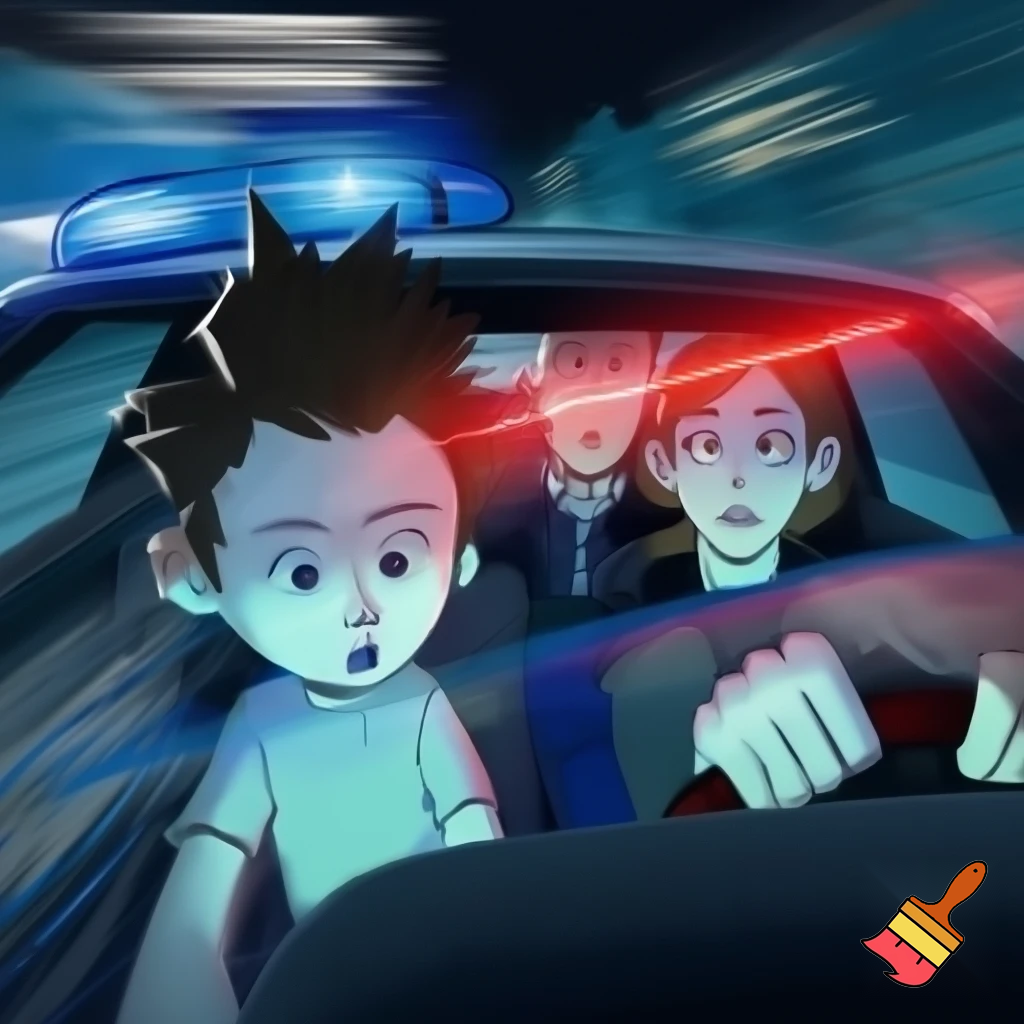 A kid named Ben with hair like a toilet brush and his family in their car getting chased by the police (Mum, Dad, Daughter age 7 and Ben age 13)