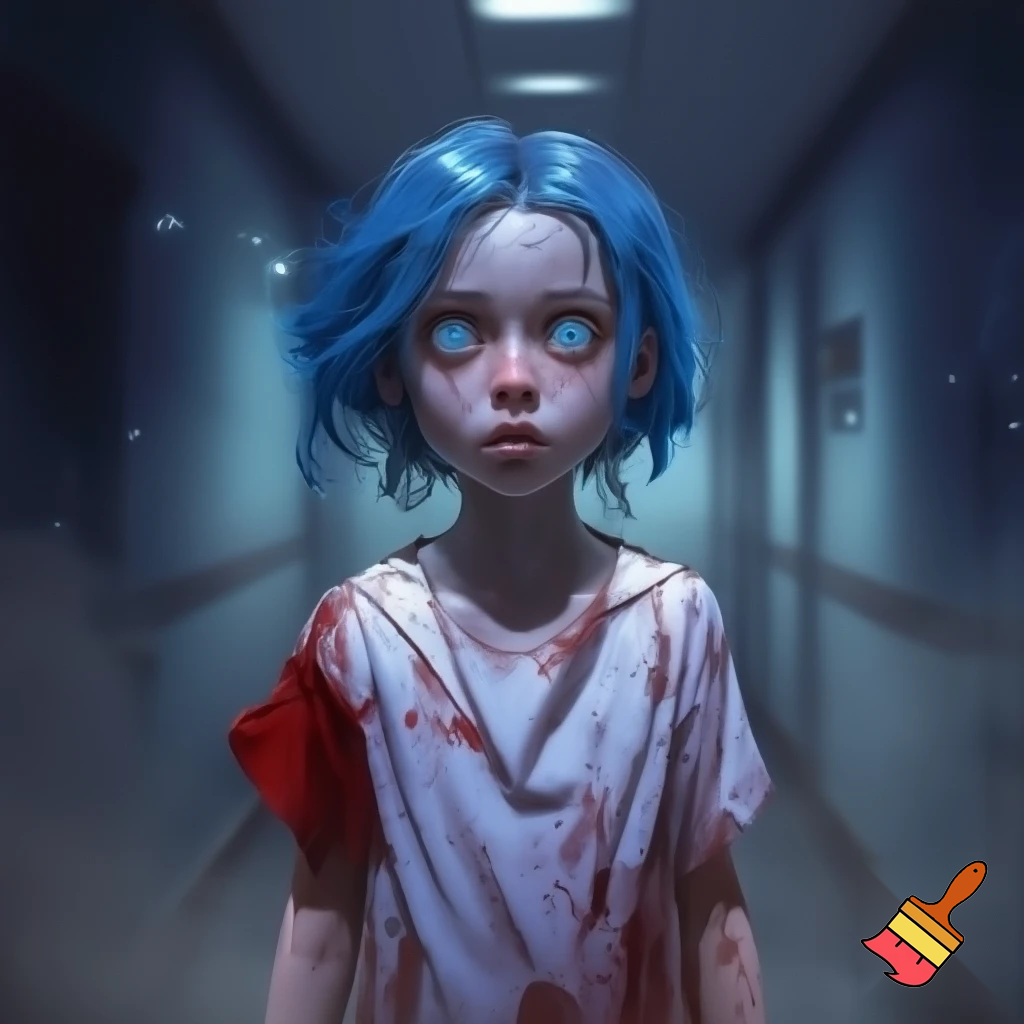 A girl with short blue hair and glowing blue eyes wearing a bloody hospital gown