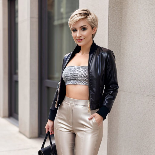 Attractive woman with an ash blonde pixie cut and a slim build wearing bold makeup wearing a cropped jacket, a bandeau top, cigarette pants and peep toe chunky heels 