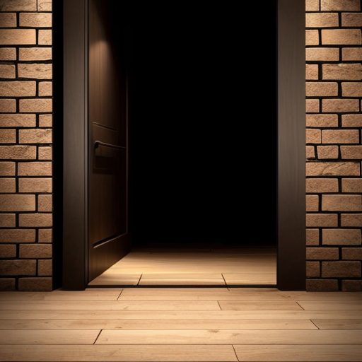 a wooden door with a star scratched onto it in a dark passage way with stone bricks. door made with wooden boards that are worn and dark