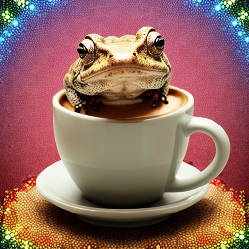 A hillarious, funny boho toad with some hippie colored coffee cups. Psychedelic decorated background.