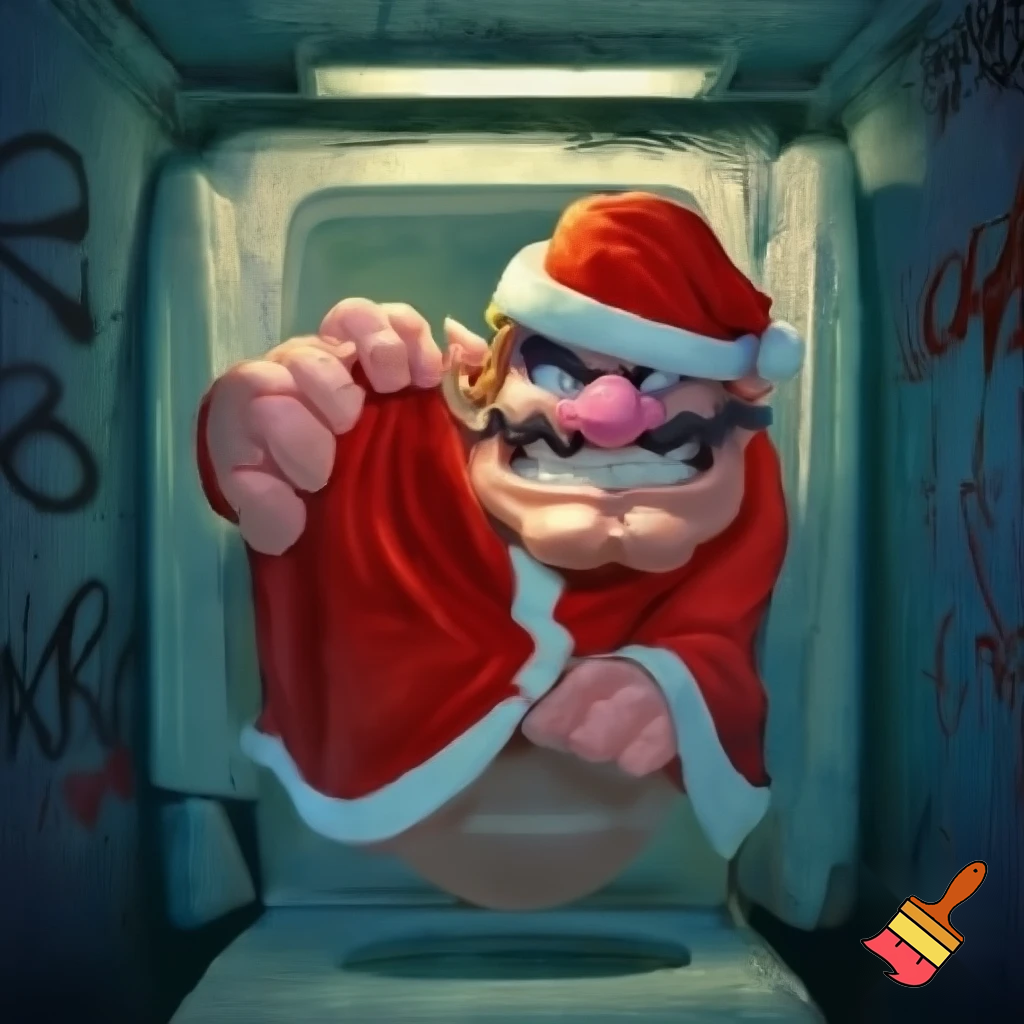 Wario in a Santa suit inside a portable toilet