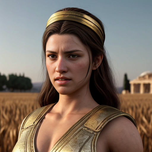 i would like an a ancient greek female fighter in clothes of 1821 of greece and lastly i want her to be happy and proud and at a distansce in a field