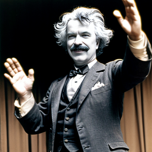mark twain as a muppet smiling waving his arms above his head