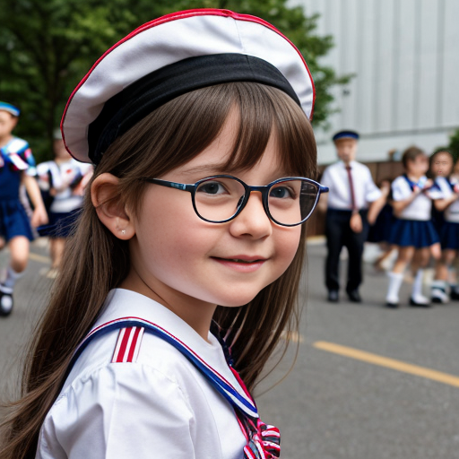 Cute adorable niña Chilindrina glasses con hair lazo con verano sailor uniforme escolar con zapatos negros escolar con calcetines blancos con sombrero sailor con caminar con desfile con ciudad 9