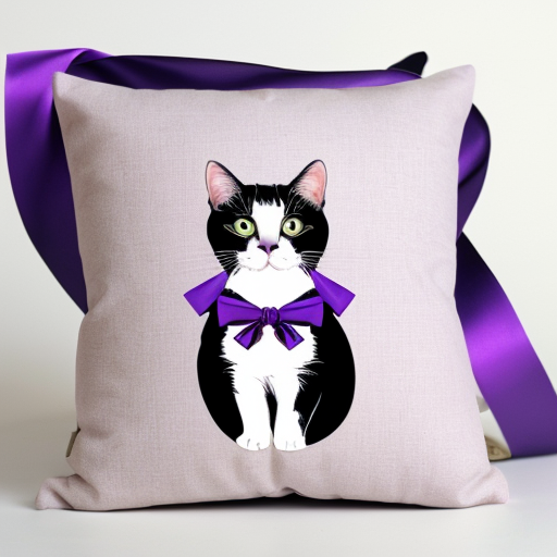 Cat with purple ribbons on a purple pillow on a white background

