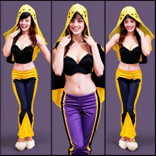 90's disney's 2d aladdin style comic black background and 3x3 panels of 
panel 1 orange haired batgirl with purple and yellow striped harem pants, purple bra and yellow curved slippers with both hand palms place together and hiding the bottom of her mouth with a purple and yellow striped veil wrapped around her arms and shoulders. 
panel 2 she danced with purple and yellow striped harem pants with purple bra and yellow curved slippers and with purple and yellow striped veil wrapped around her arms and shoulders and raising legs and bounced up and down her belly and shook her hips left and right. 
panel 3 as orange haired batgirl with purple and yellow striped harem pants, purple bra and yellow curved slippers and with purple and yellow striped veil wrapped around her shoulders and arms spreading her arms, happily revealing her face to the viewer and giving a smile as she turns around shook her hips left and right. 
Panel 4 as orange haired batgirl with purple and yellow striped harem pants, purple bra and yellow curved slippers and with purple and yellow striped veil wrapped around her shoulders and arms started to fade away , except her belly, which is bouncing around. 
Panel 5 then the ball transforms into the fading in belly of black haired zatanna with light purple and dark blue striped harem pants, light purple bra , dark blue curved slippers and with light purple and dark blue veil wrapped around her arms and shoulders with her swaying her hips. 
Panel 6 then black haired zatanna with light purple and dark blue striped harem pants and light purple bra and dark blue curved slippers and with a light purple and dark blue striped veil wrapped around her arms and shoulders and with her hand palms place together between her chest and gives a smile and winking her left eye.