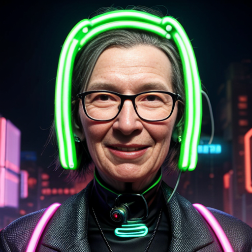 grace hopper with wires coming out of her head, in futuristic city, neon lights
