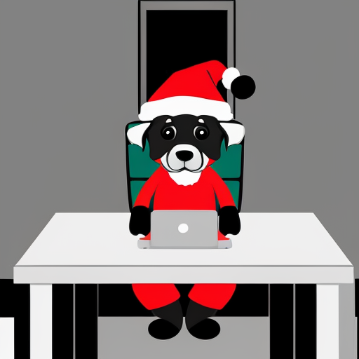 Create an image of an anthropomorphic dog sitting at a desk, working on a computer. The dog is smiling and wearing a red Santa hat. 9:16