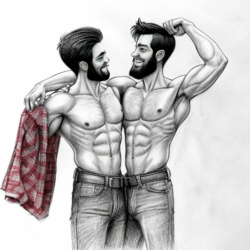 a pencil drawing in a cartoon style of 2 men holding each other romantically, one is muscular and has a short beard, the other is extremely thin and has a cane, put them in a field of flowers with nothing around but blue sky and mountains