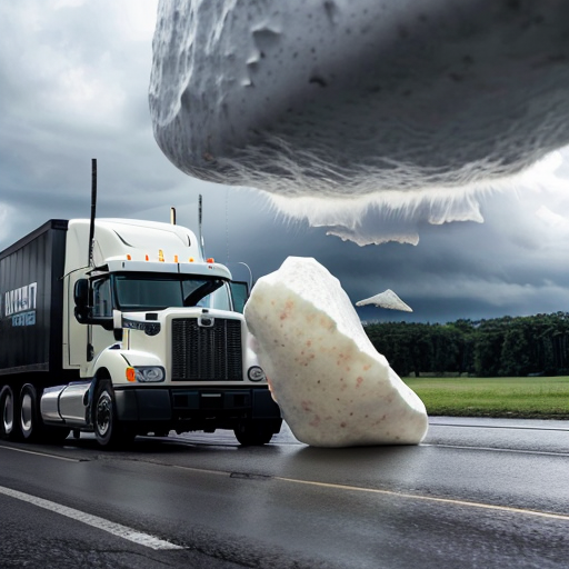 Semi-truck being crushed by giant hailstone