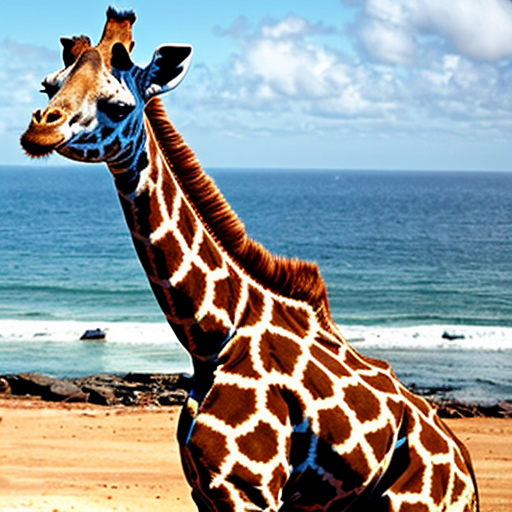 a giraffe next to a dog in front of the ocean