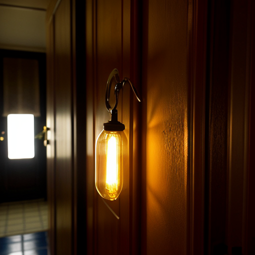 Close-up of room number 213 outside hostel room door, dim corridor light flickering