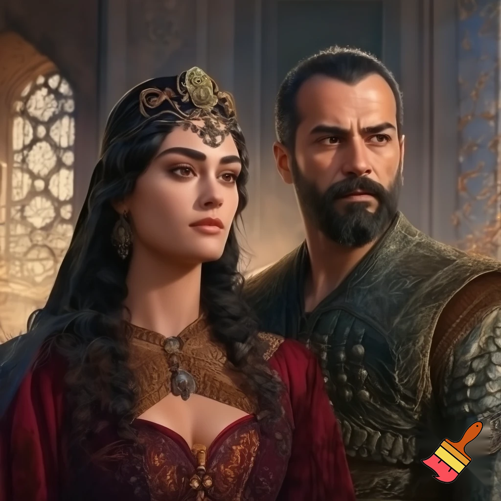  esra bilgic  as halime sultan and Ekin koc as ahmed sencer
 standing together
