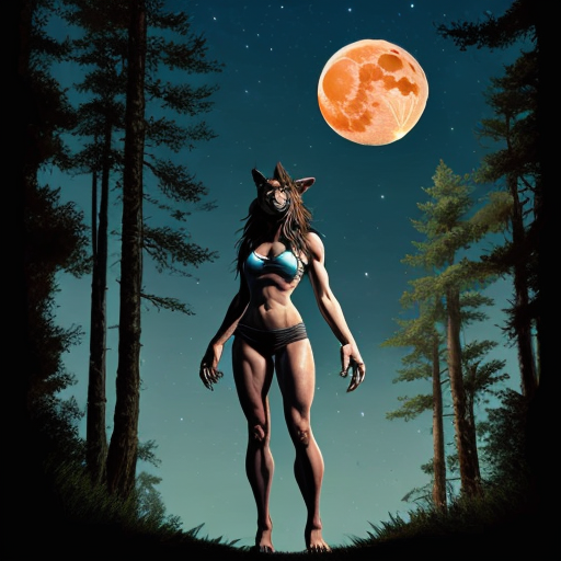athletic female werewolf shifter. standing in front of the moon. dynamic pose. high quality. in the style of dungeons and dragons. detailed forest background.