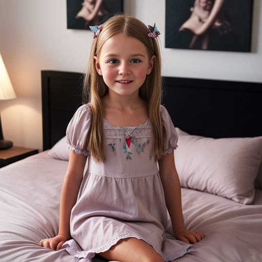 swedish little girl, long brunette hair, night dress, on the bedroom