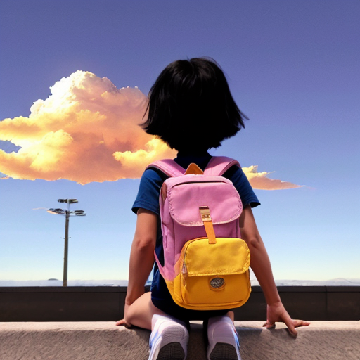Little Dora purple backpack pink t-shirt orange short pants yellow socks white sneakers on a sitting big cloud in the sky. migration
