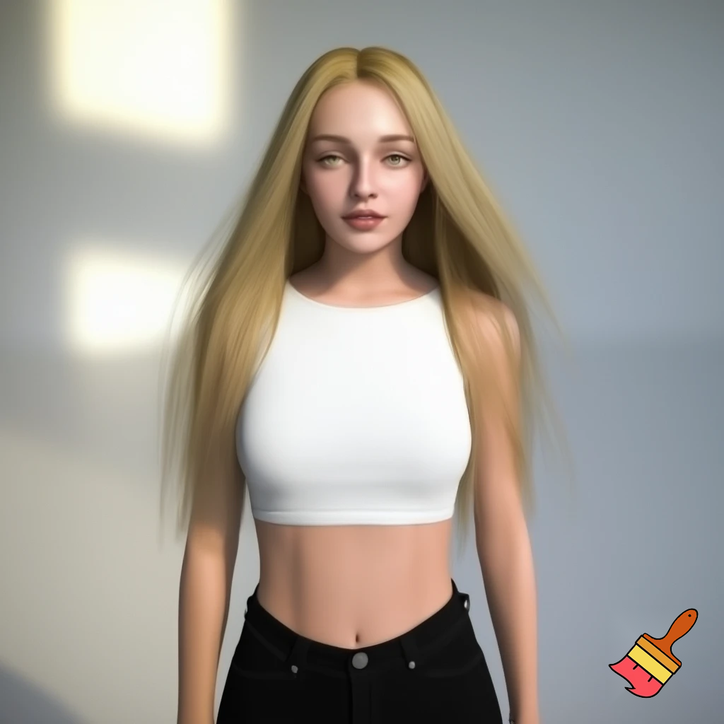 Photorealistic portrait of a blonde woman, approximately 22 years old, with long legs and a slim, athletic figure. She has long, naturally flowing blonde hair, light-colored eyes, oval face, almond-shaped brown eyes, average eye spacing, slim straight nose, naturally full lips, soft facial features, harmonious proportion , big boobs and delicate, harmonious facial features. Her overall presence is confident, natural, and modern.  Natural daylight. white croptop, black jeans.” 