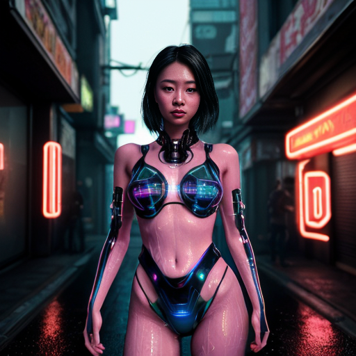`/imagine A stunning 30-year-old Asian woman, standing, wearing a futuristic microkini with glowing neon accents, cyberpunk aesthetic, realistic fashion photography, detailed skin texture, dynamic lighting, gritty urban background with holographic advertisements, rain reflections, cinematic --ar 9:16 --style expressive --v 5.2`