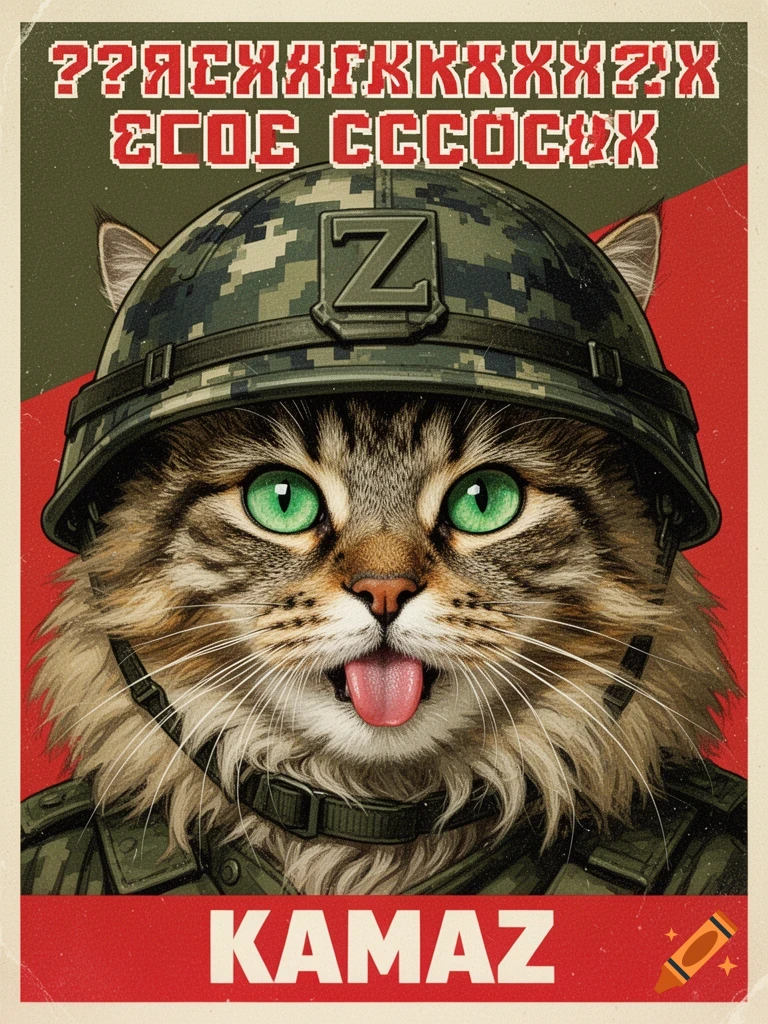 A hyper-realistic close-up portrait of a fluffy gray Siberian cat with bright green eyes, sticking its tongue out playfully. The cat is wearing a digital pixelated camouflage military helmet. The style is a Soviet-era military propaganda poster or socialist realism, with bold stylized graphics, high contrast, and a limited color palette of olive green, black, red, and white. In the background, bold Cyrillic text in red and white: at the top "БООРУЖЕННЫЕ СИЛЫ РОССИИ" (Armed Forces of Russia) and at the bottom "KAMAZ". The letter "Z" is prominently displayed on the side of the helmet or in the background. The image has a slightly grainy, vintage print texture. The mood is ironic and humorous, mixing cuteness with military aesthetics. --style raw --ar 2:3