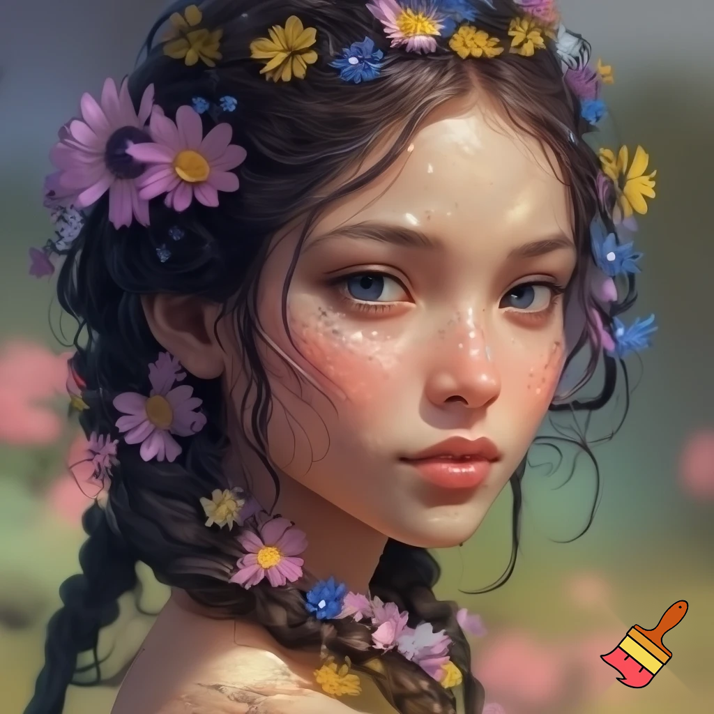 hair was neatly braided with flowers stuck in them, her face was skinny and her eyes were dark blue.