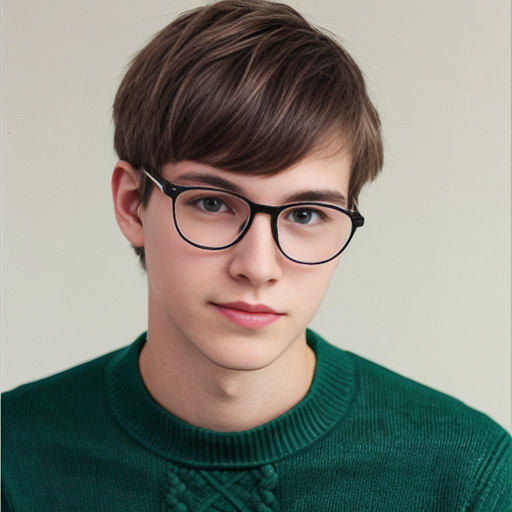Ein Bild von einem jungen Mann der ne Brille hat ne schwarze Brille. Runde Brille hat braune Haare als Mittelscheitel glatt ein grün blauen Sweater und er hat die Hautfarbe weiß.