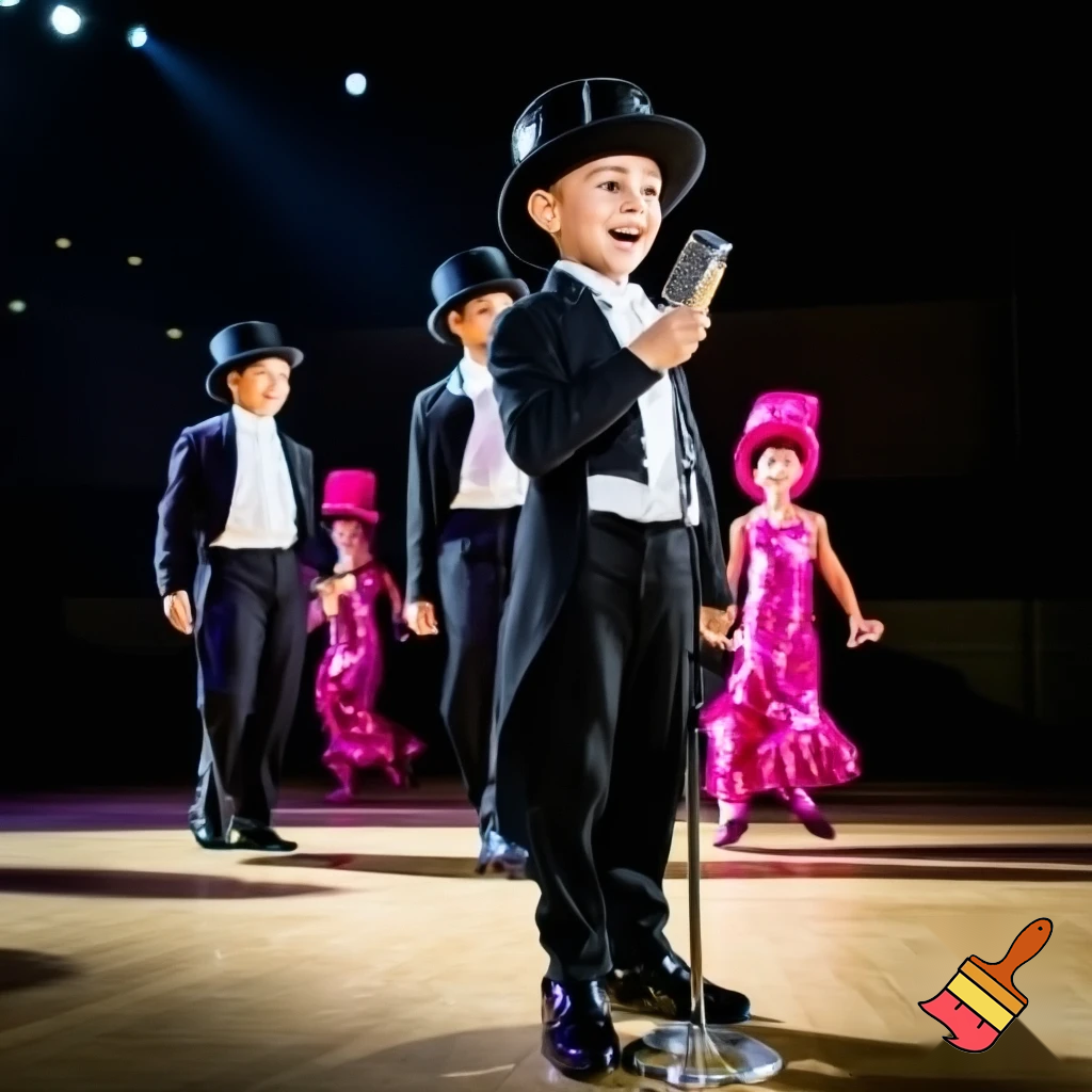 Preteen Boy in Shiny Top Hat White Bowtie Black Tailcoat Black Shiny Shoes Singing in Microphone on big Stage Smiling to the audience. Behind him on stage, two dancing boys in Top Hats and Tailcoats and two dancing Girls in Shiny Pink Hats and Sequined Pink Ballroom Dresses