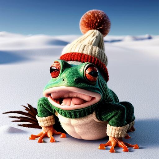 A laughable, puzzled animal toad in woolen, multicoloured winter clothings with woolen winter cap. Hyperrealistic art style.
