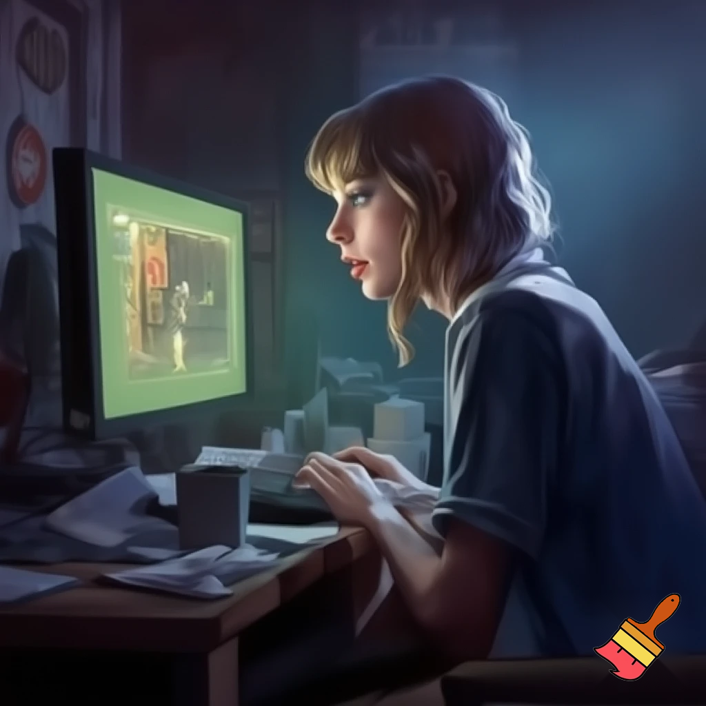 Taylor playing five nights at Freddy's pizzeria simulator. She is at her desktop playing the game